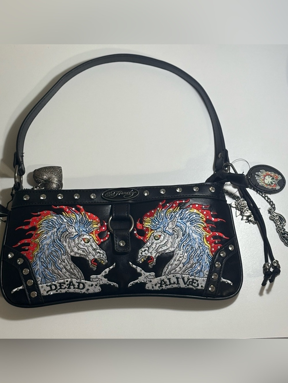 Ed Hardy Black Shoulder Bag with Red and Blue Embroidered Unicorns